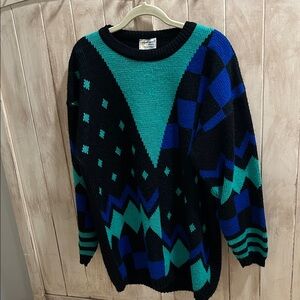 El Mar of California-Vintage  80’s Geometric Sweater in Black, Green, and Blue